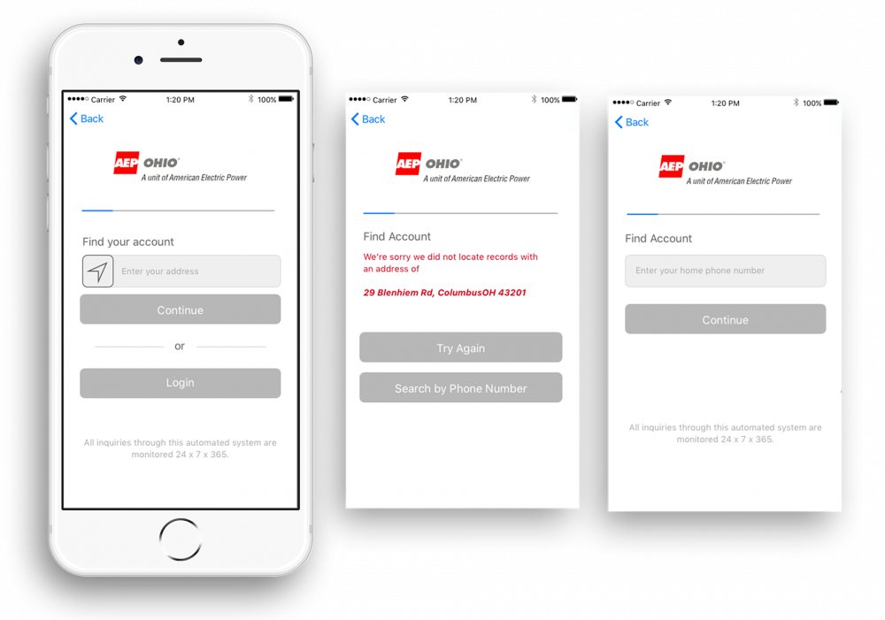 Design B: address-first account lookup with error recovery and phone search