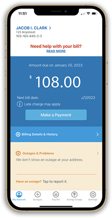 AEP mobile app account screen showing amount due, a Make a Payment button and outage status