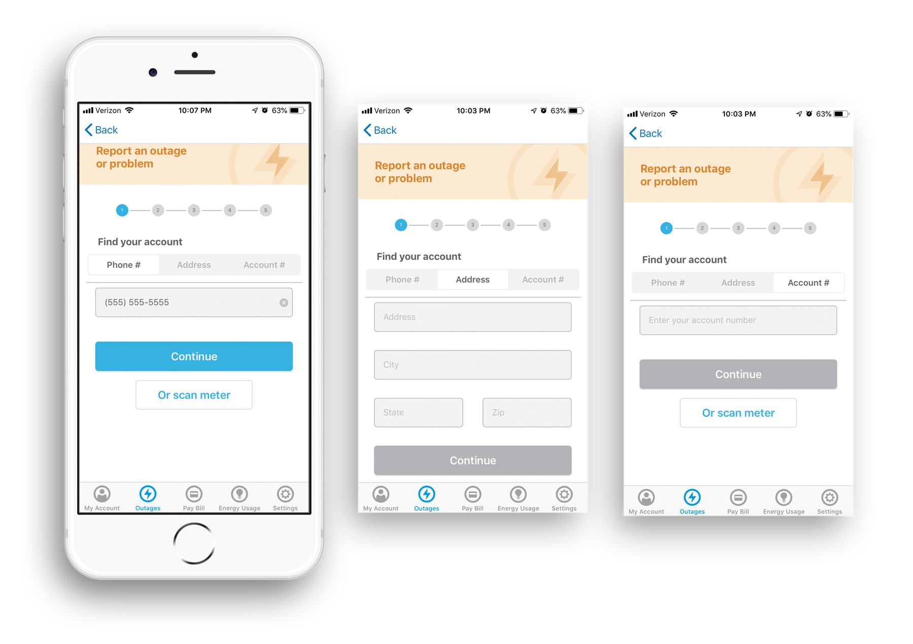 Final report-an-outage flow: a stepped find-your-account screen shown on three phones