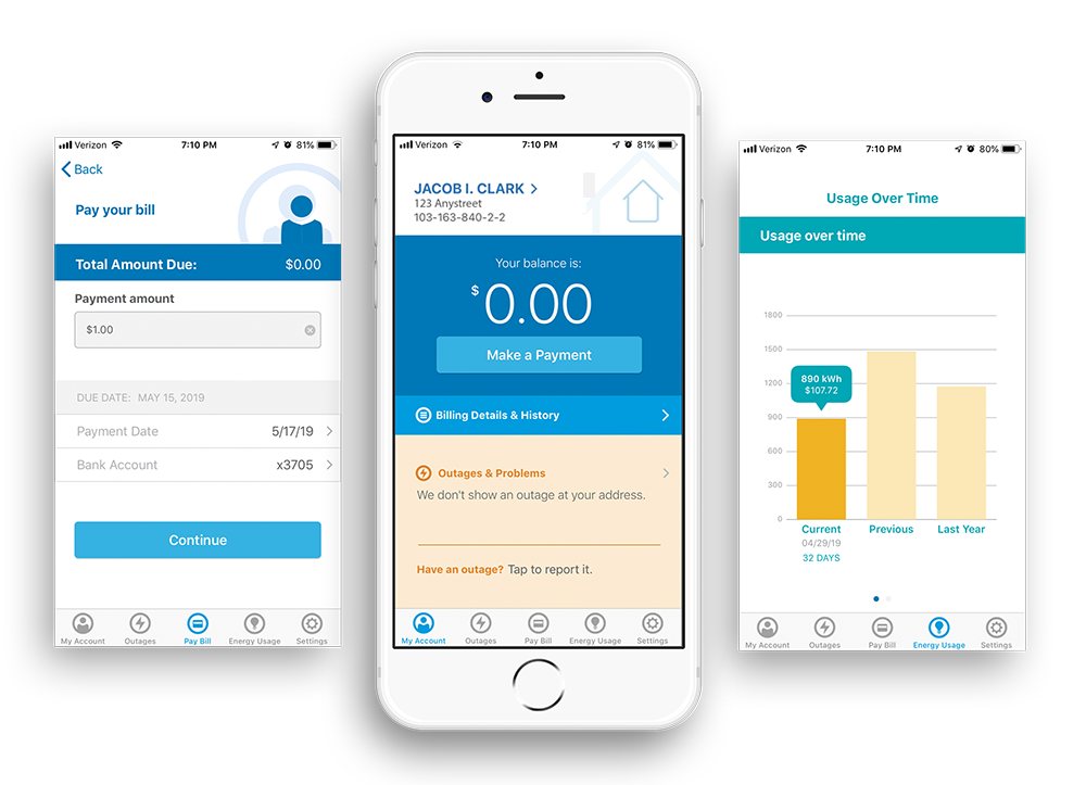 AEP app screens: pay your bill, account summary and usage over time