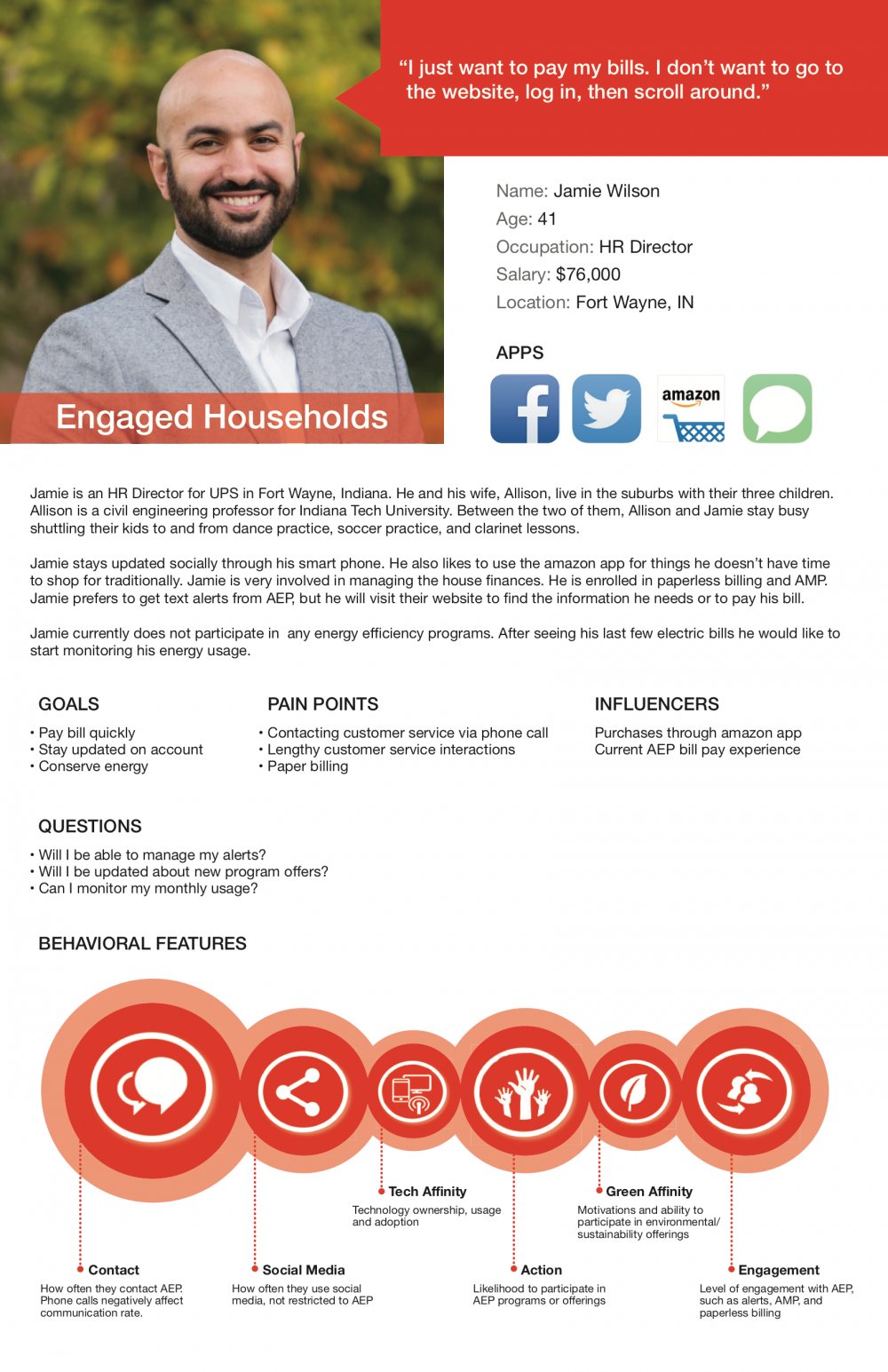 Persona sheet: Engaged Households — Jamie Wilson, HR director, with goals, pain points, apps and behavioral traits