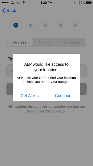 Location permission prompt to help report the outage