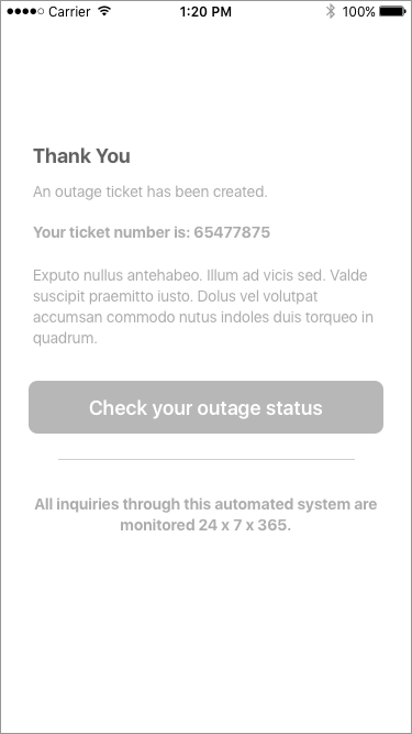 Thank-you screen with outage ticket number and a status link