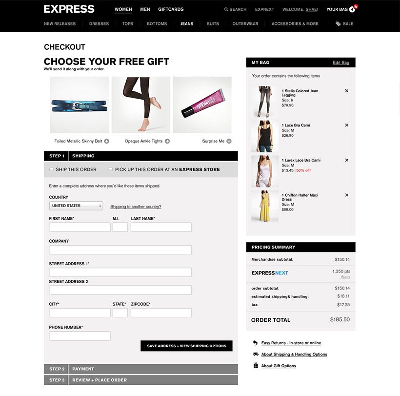 One-page Express checkout with a free gift choice, shipping step and order summary