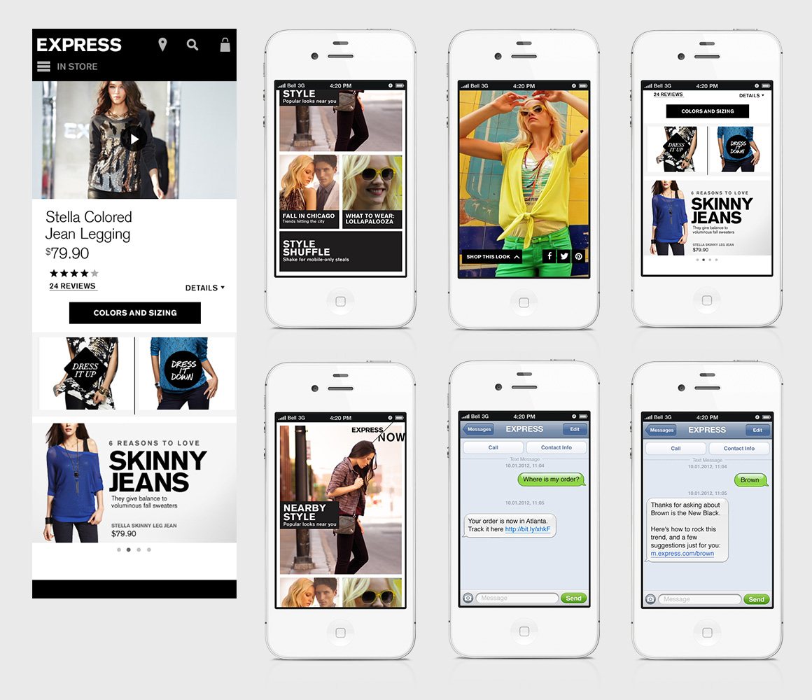 Mobile-first Express screens: product detail, editorial style pages, store finder and text-message style chat