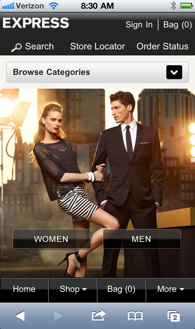 Express’s 2010 standalone mobile site on an iPhone: search, store locator, and Women and Men category buttons