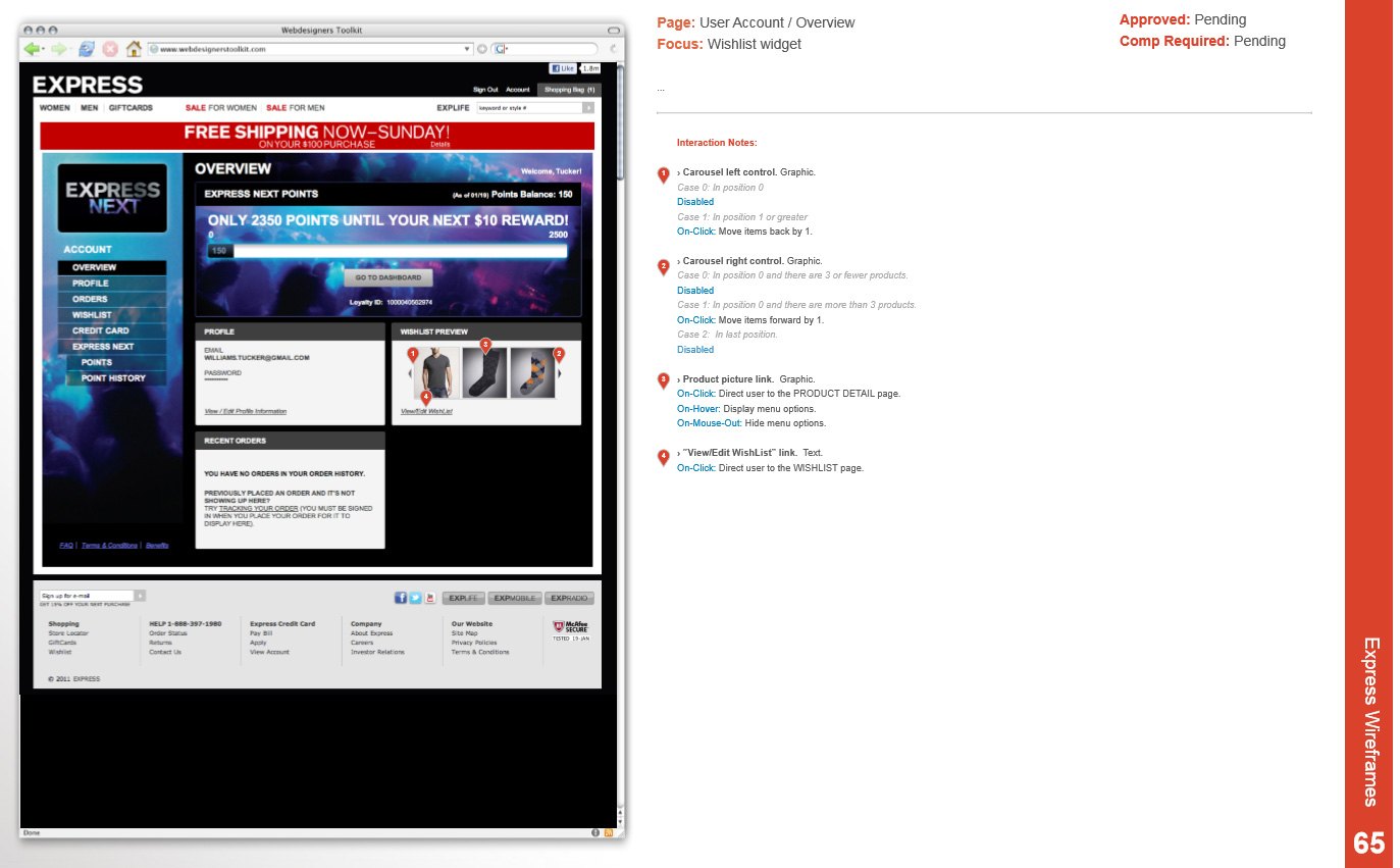 Annotated wireframe of the user account overview with the EXPRESS NEXT rewards widget
