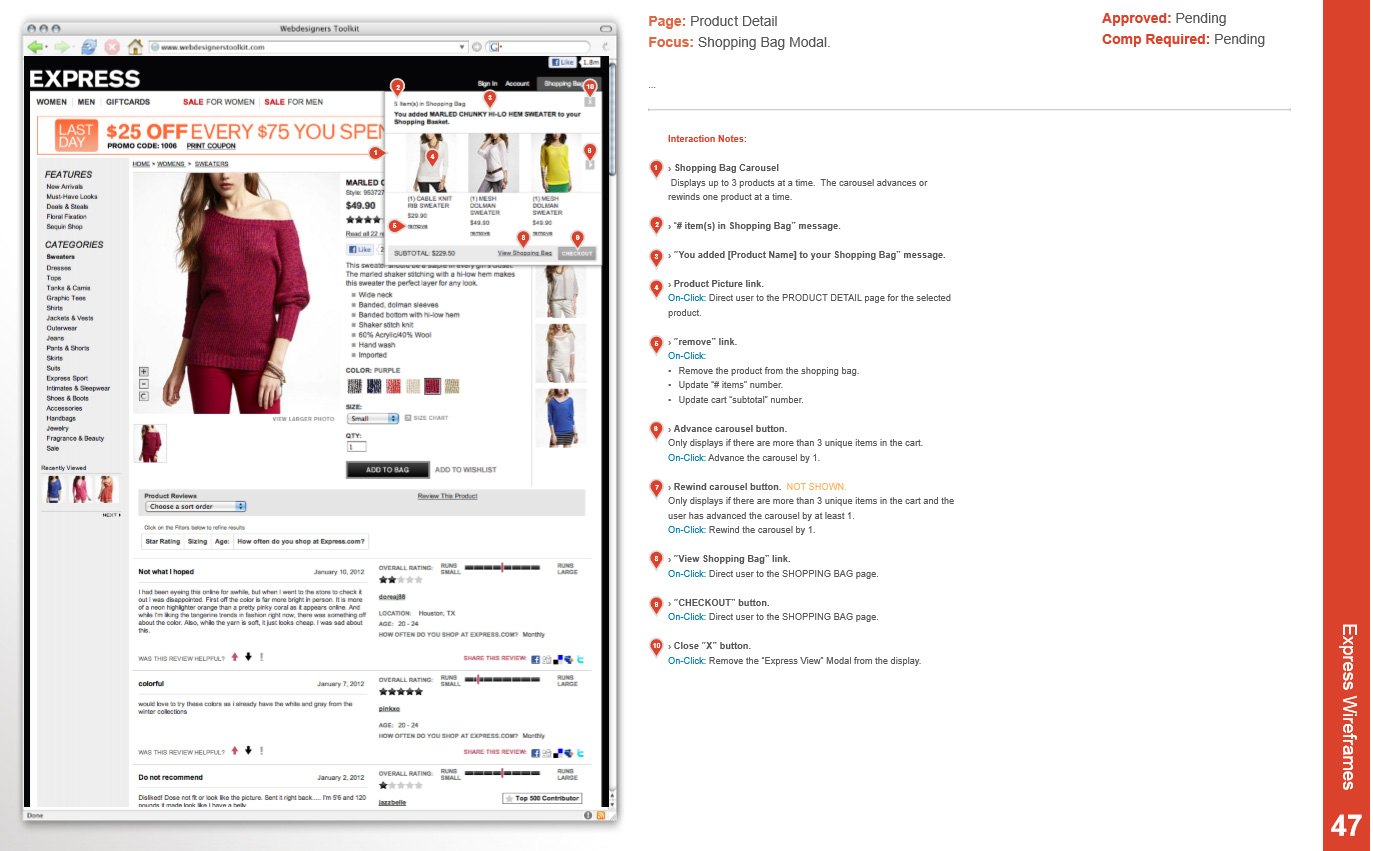 Annotated wireframe of the shopping bag modal over a product page