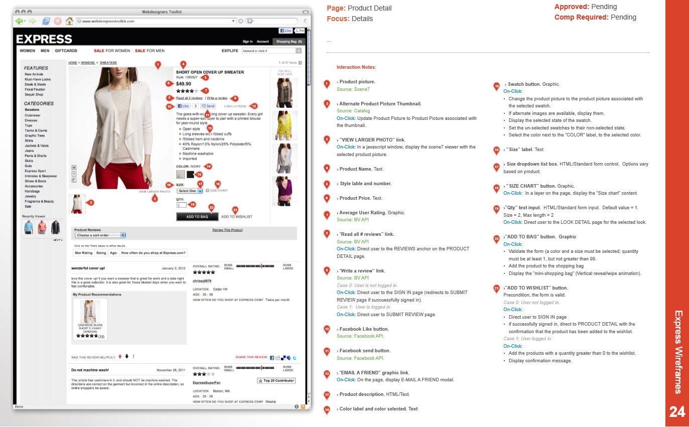 Annotated wireframe of the product detail page with numbered interaction notes